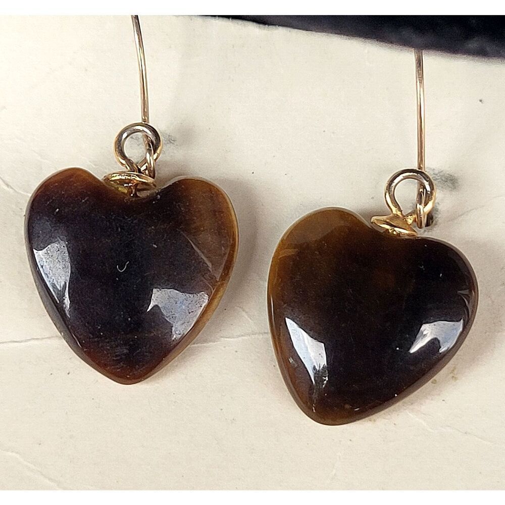 Artisan Heart Shaped Tiger's Eye on Gold Filled Kidney Wire Hook Earrings 1.25"